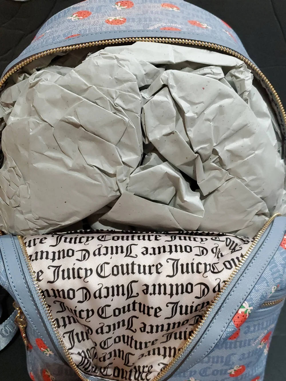 Juicy Couture berry sweet dusty blue red strawberry print monogram backpack new